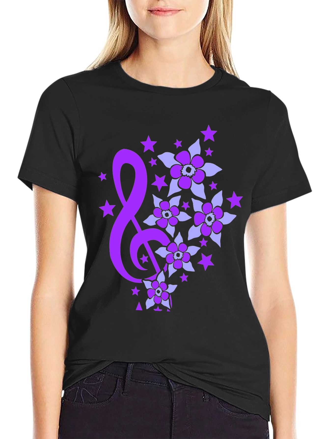 Floral Music Note Graphic Tee - Black