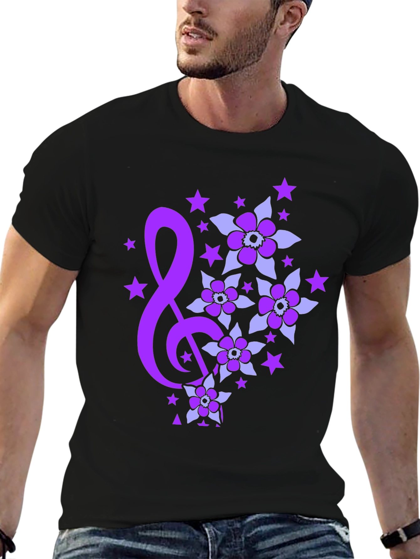 Floral Music Note Graphic Tee - Black