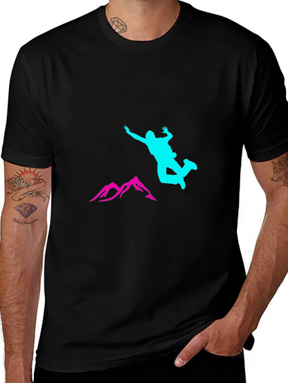 Black Adventure T-Shirt with Skydiver and Mountain Design