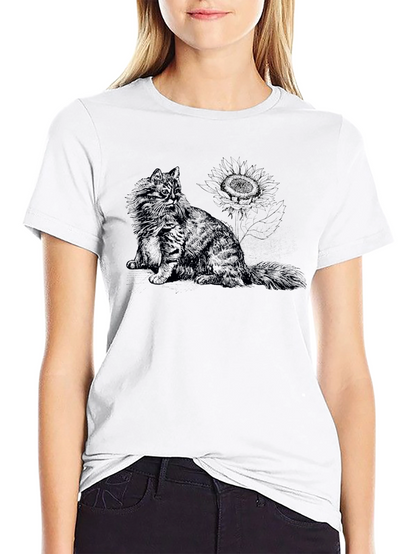 Cat & Sunflower Black Graphic T-Shirt