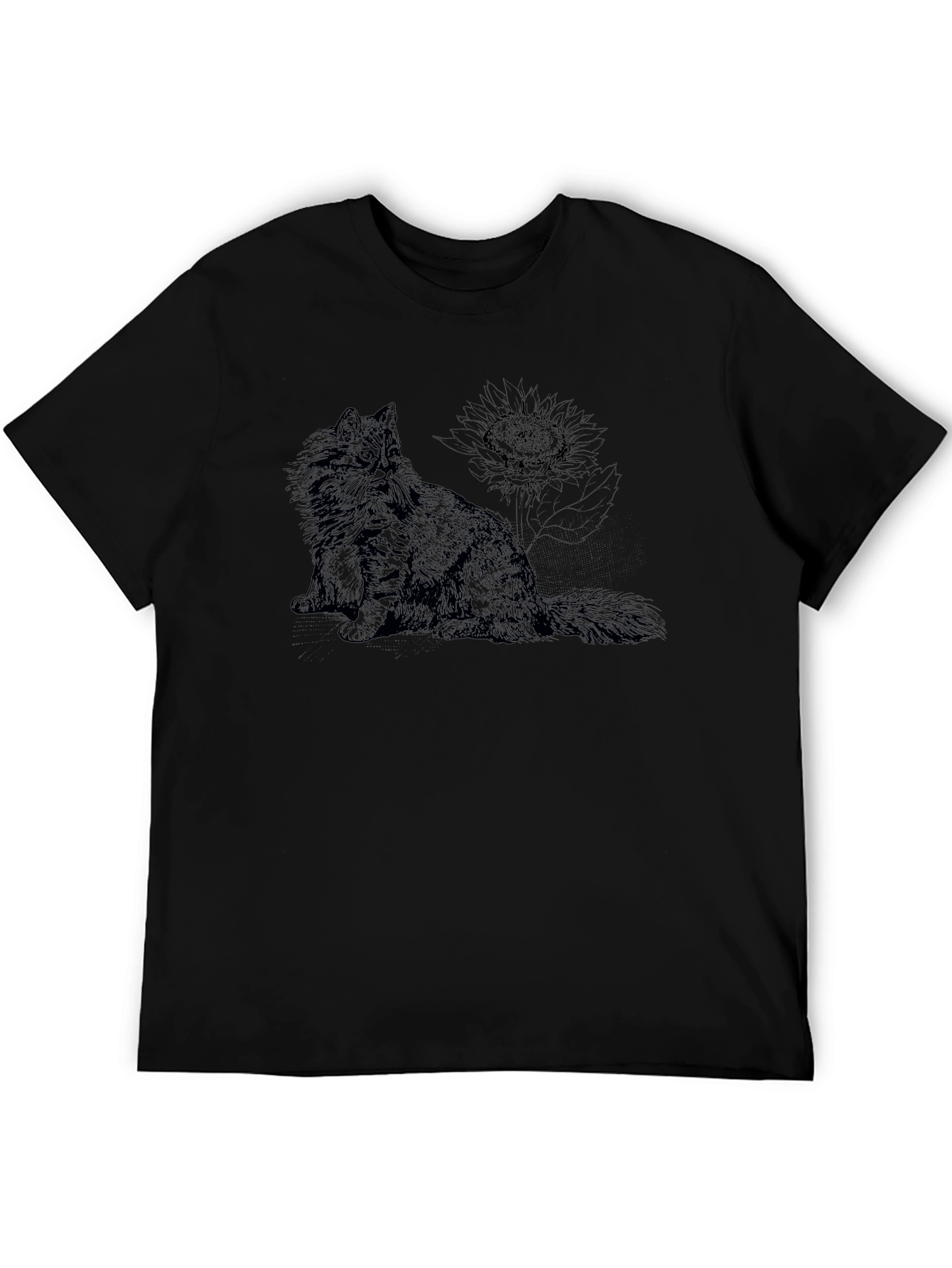 Cat & Sunflower Black Graphic T-Shirt