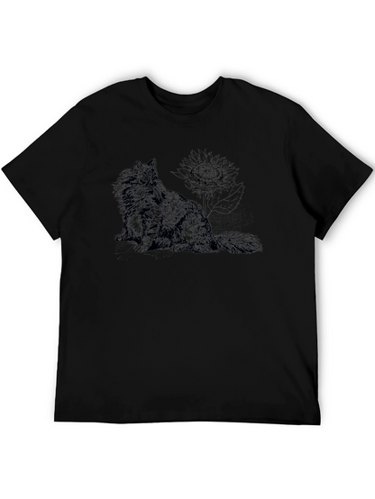 Cat & Sunflower Black Graphic T-Shirt