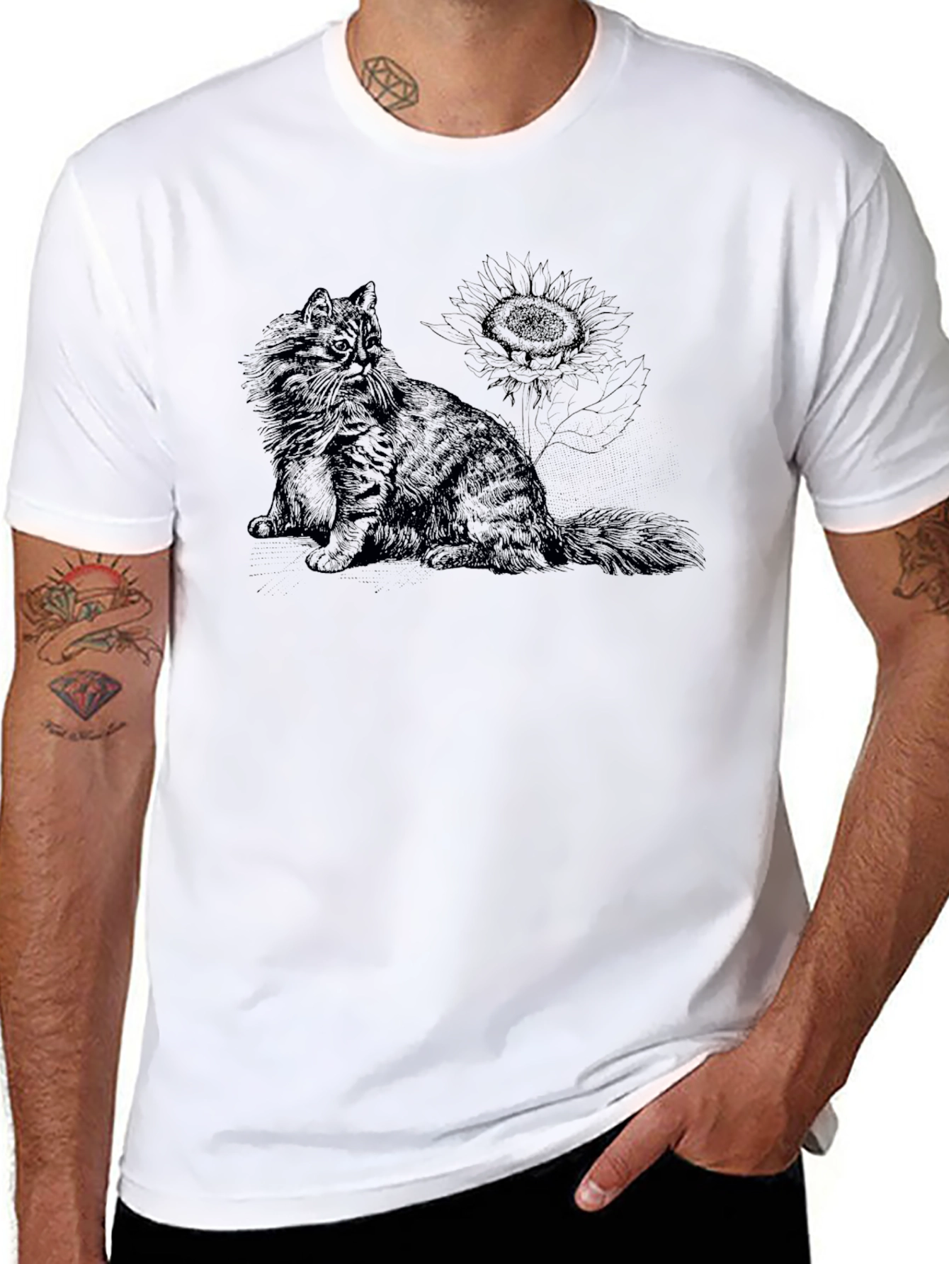 Cat & Sunflower Black Graphic T-Shirt