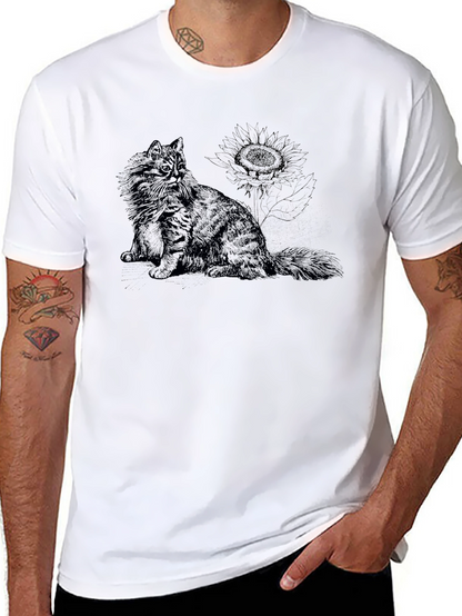 Cat & Sunflower Black Graphic T-Shirt
