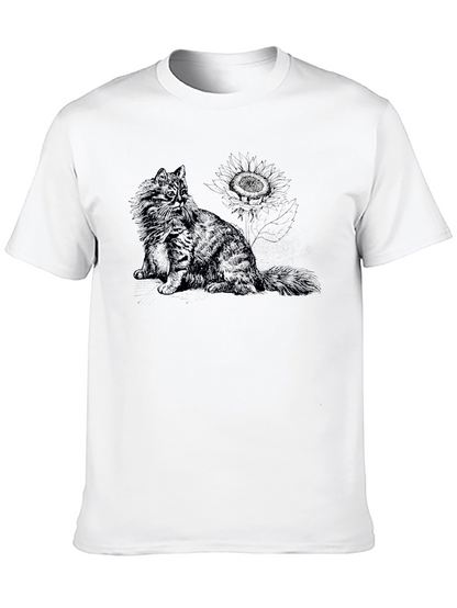Cat & Sunflower Black Graphic T-Shirt