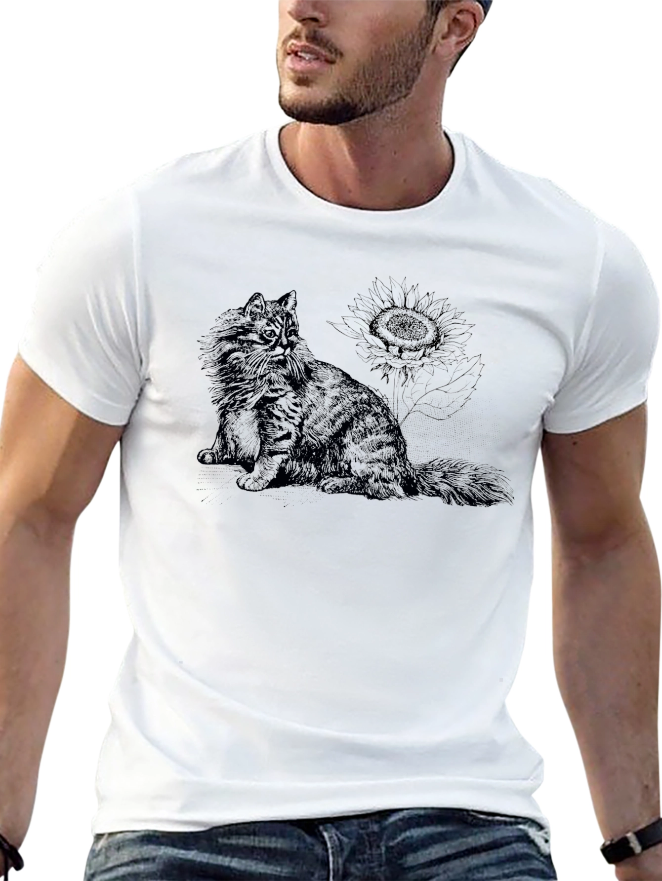 Cat & Sunflower Black Graphic T-Shirt