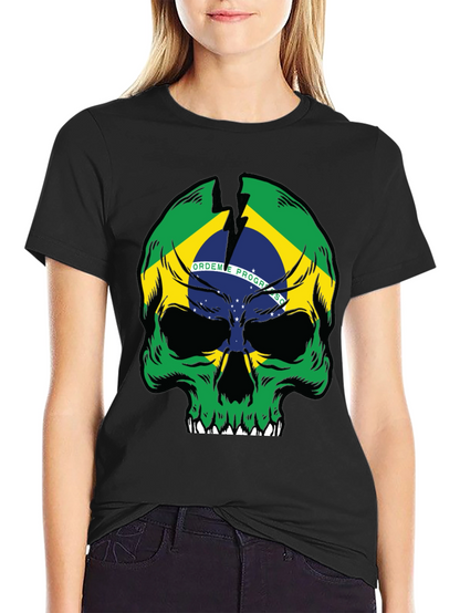 Brazil Flag Skull Graphic T-Shirt - Black