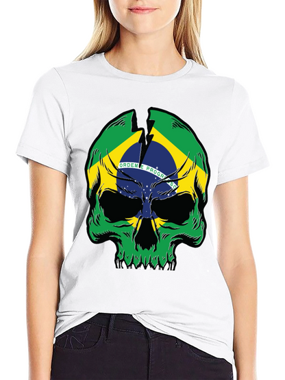 Brazil Flag Skull Graphic T-Shirt - Black