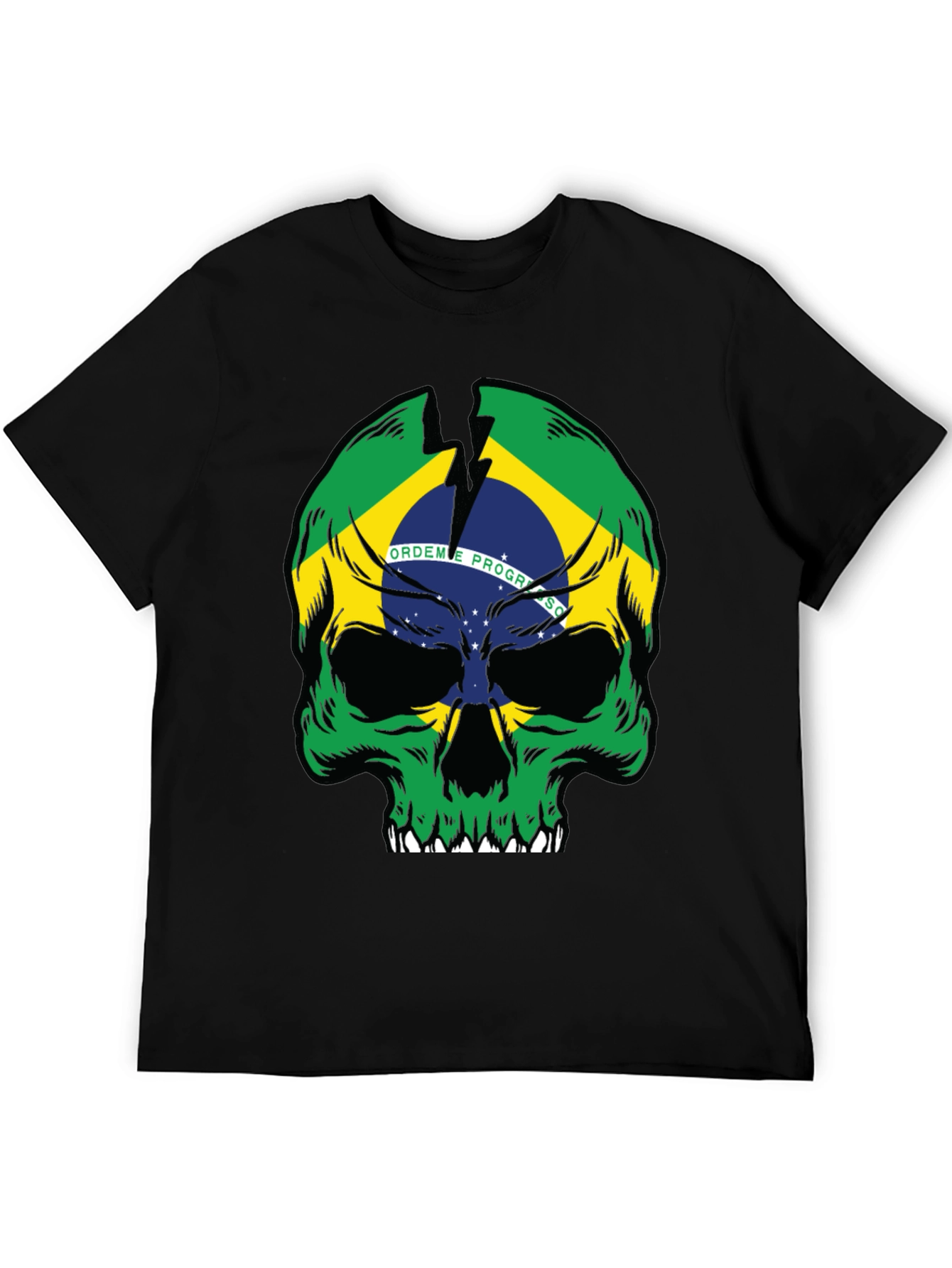 Brazil Flag Skull Graphic T-Shirt - Black
