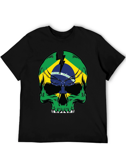 Brazil Flag Skull Graphic T-Shirt - Black