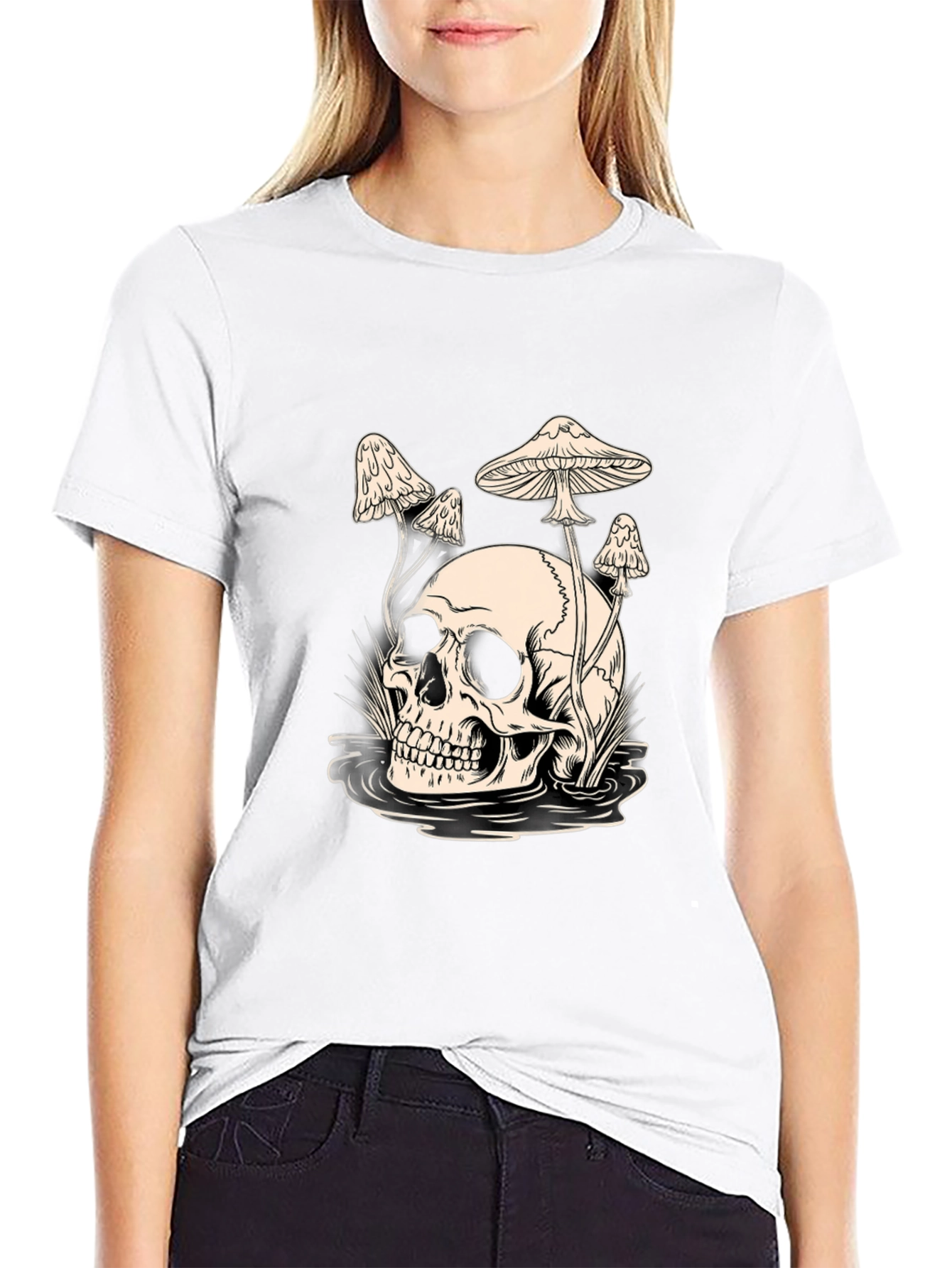 Skull and Mushroom Graphic Tee - Black