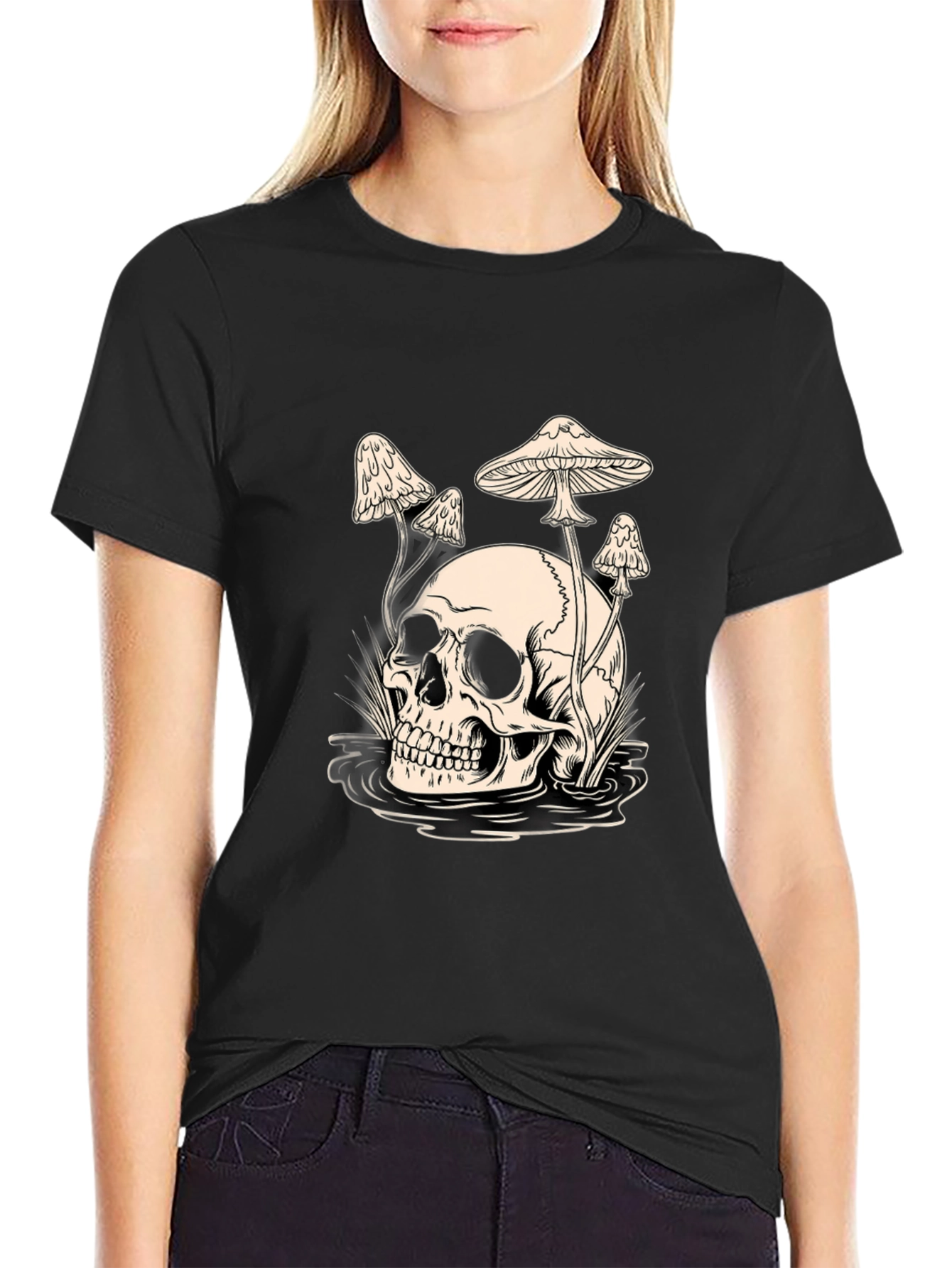 Skull and Mushroom Graphic Tee - Black