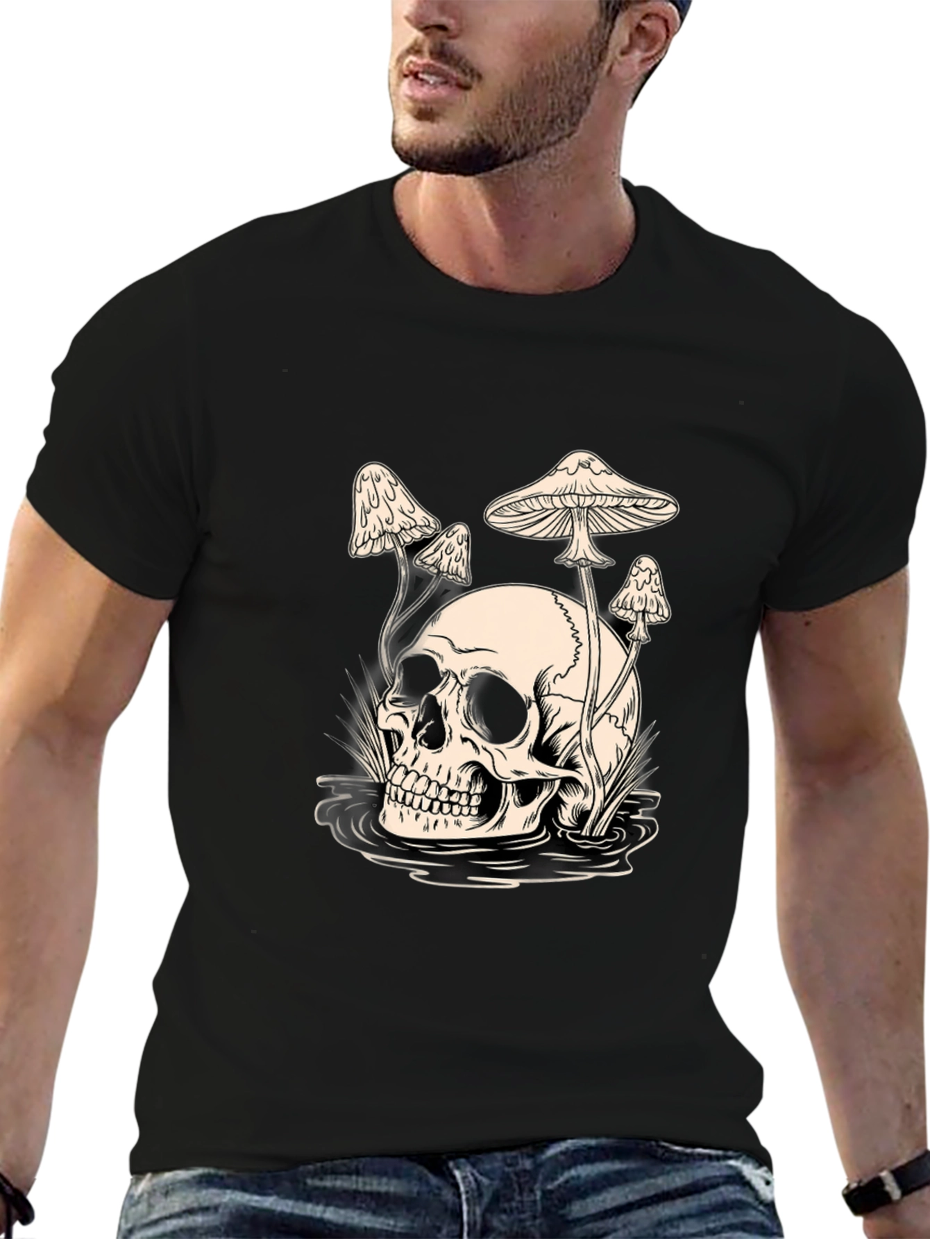 Skull and Mushroom Graphic Tee - Black
