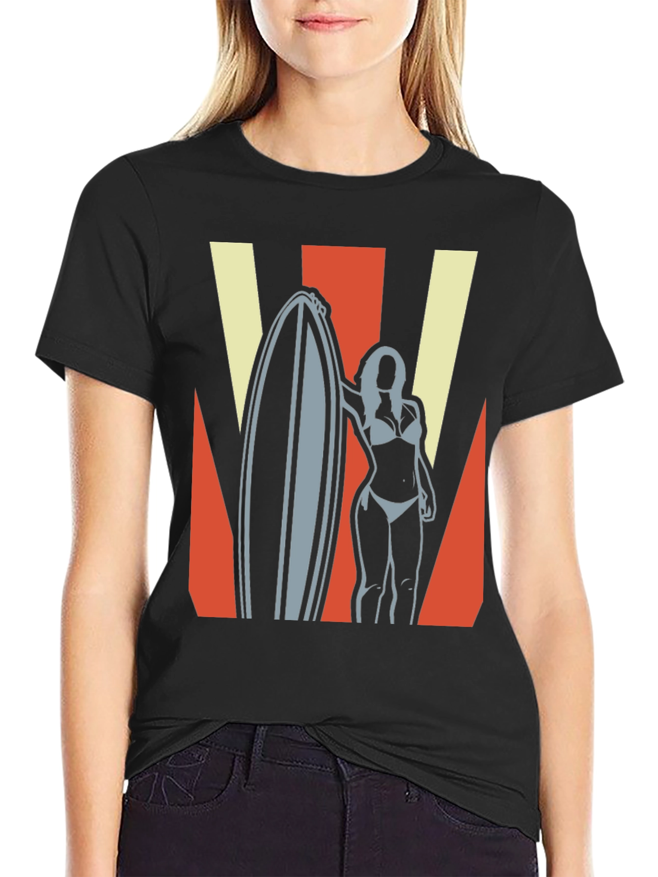 Retro Surfer Girl Graphic Tee - Black