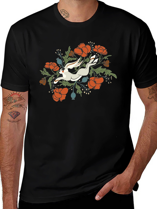 Floral Rabbit Graphic Tee - Unisex Black T-Shirt