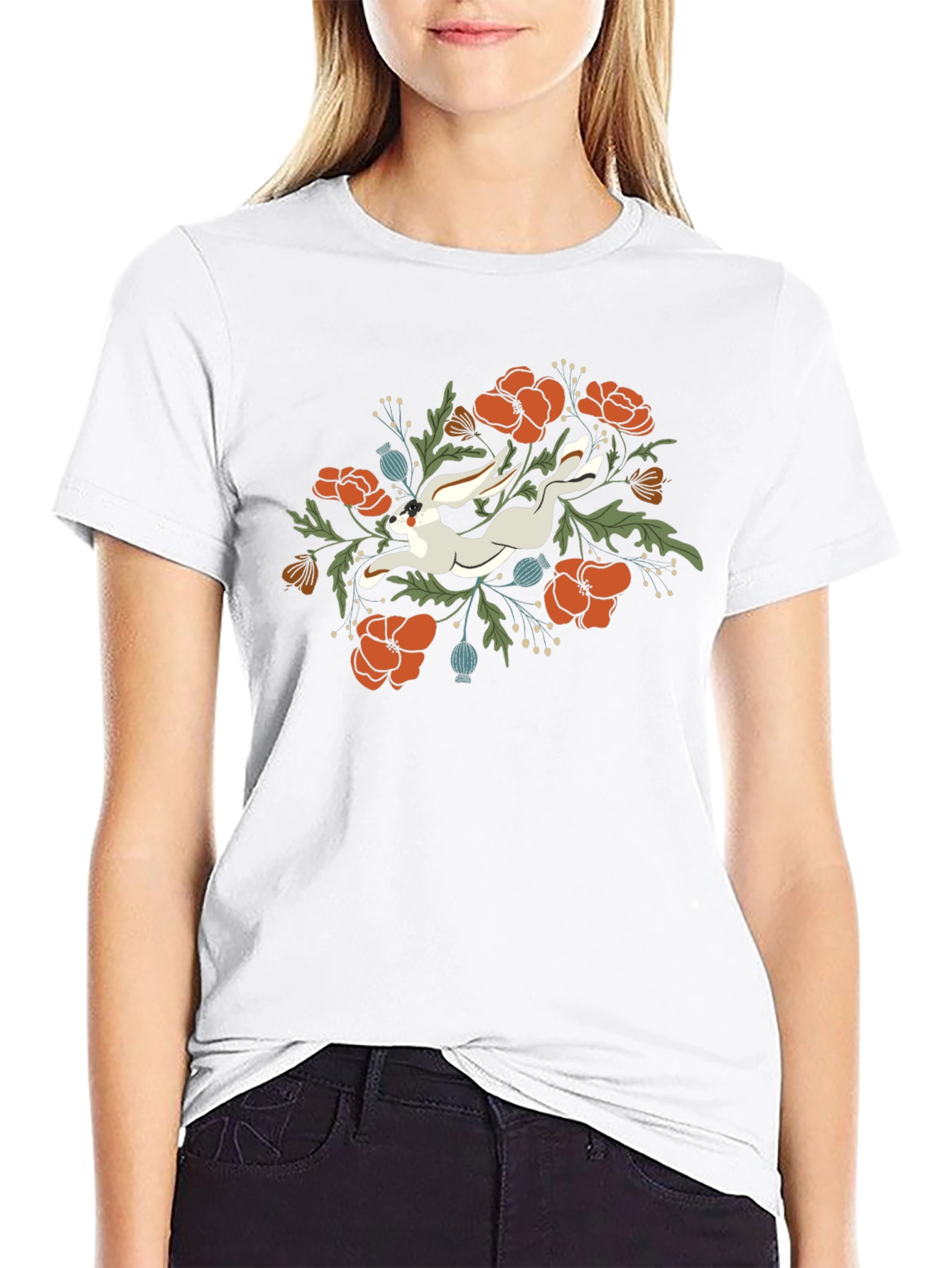 Floral Rabbit Graphic Tee - Unisex Black T-Shirt