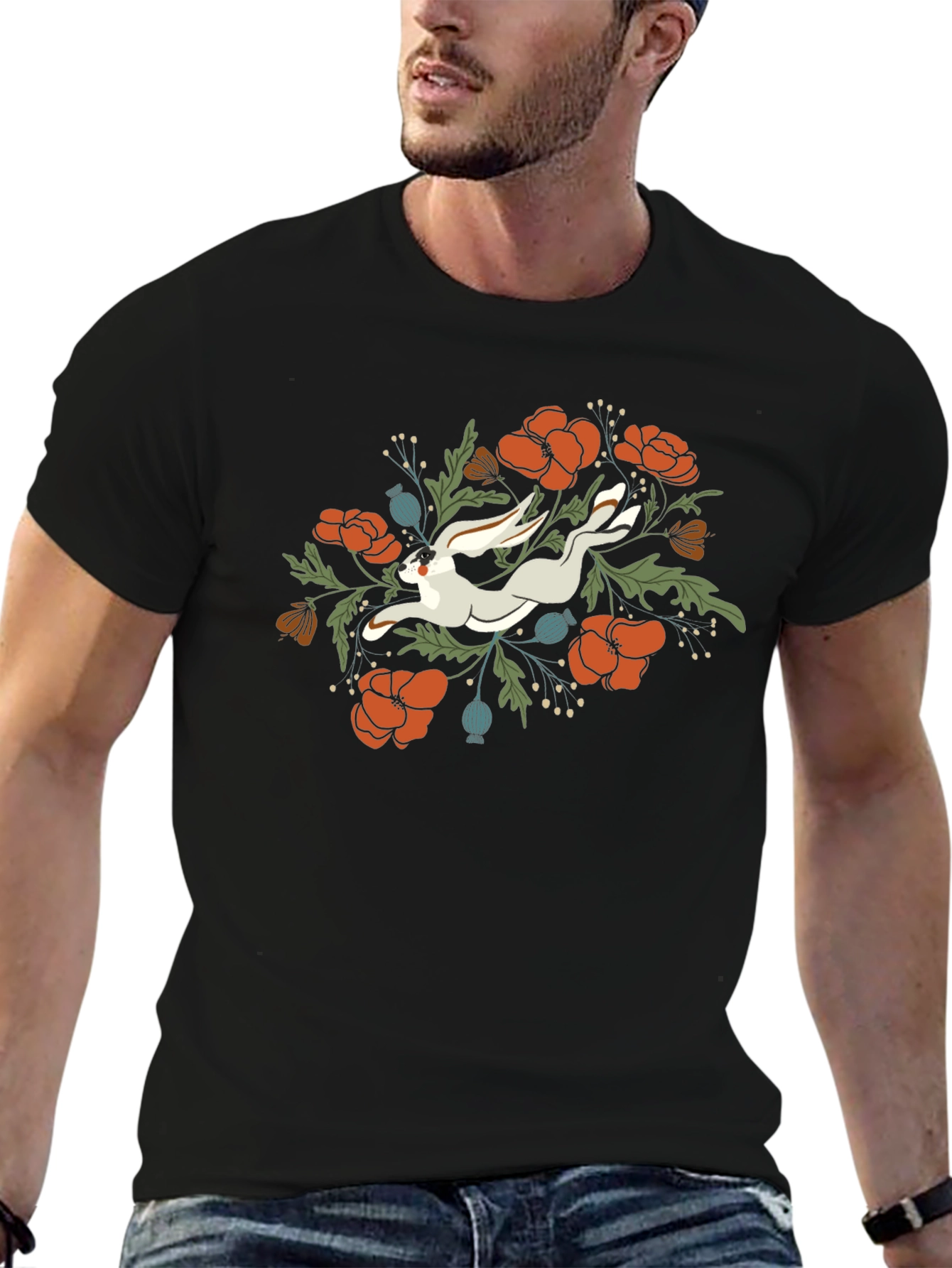 Floral Rabbit Graphic Tee - Unisex Black T-Shirt
