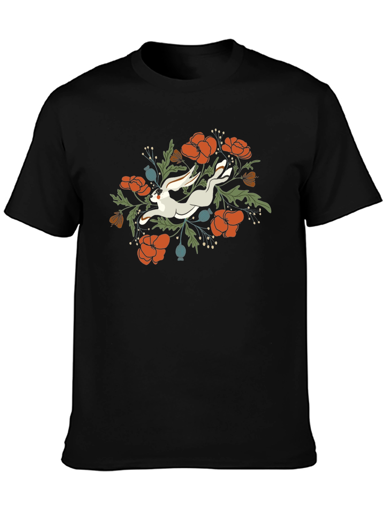 Floral Rabbit Graphic Tee - Unisex Black T-Shirt