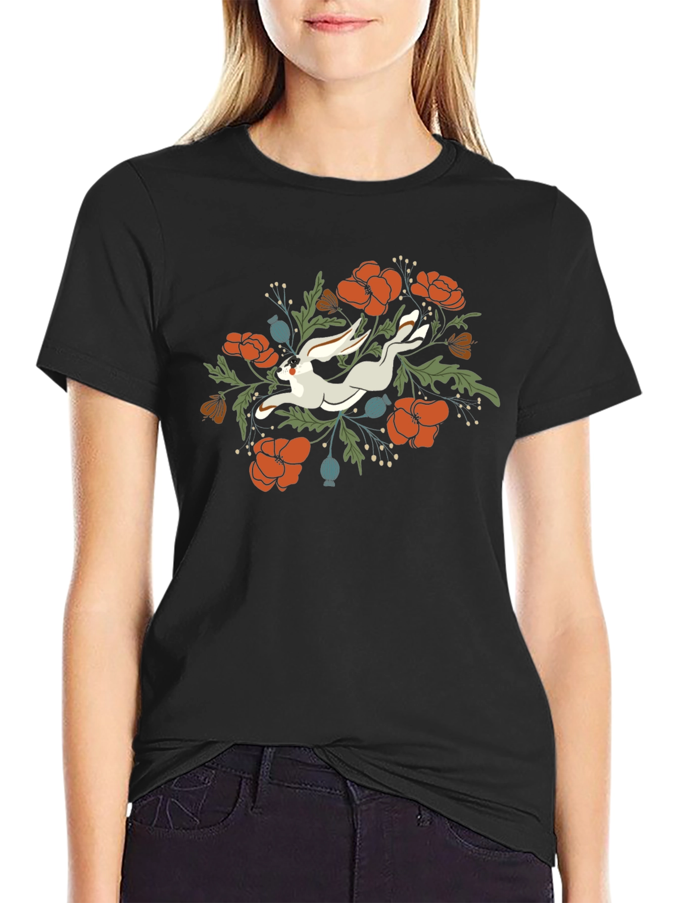 Floral Rabbit Graphic Tee - Unisex Black T-Shirt