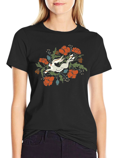 Floral Rabbit Graphic Tee - Unisex Black T-Shirt
