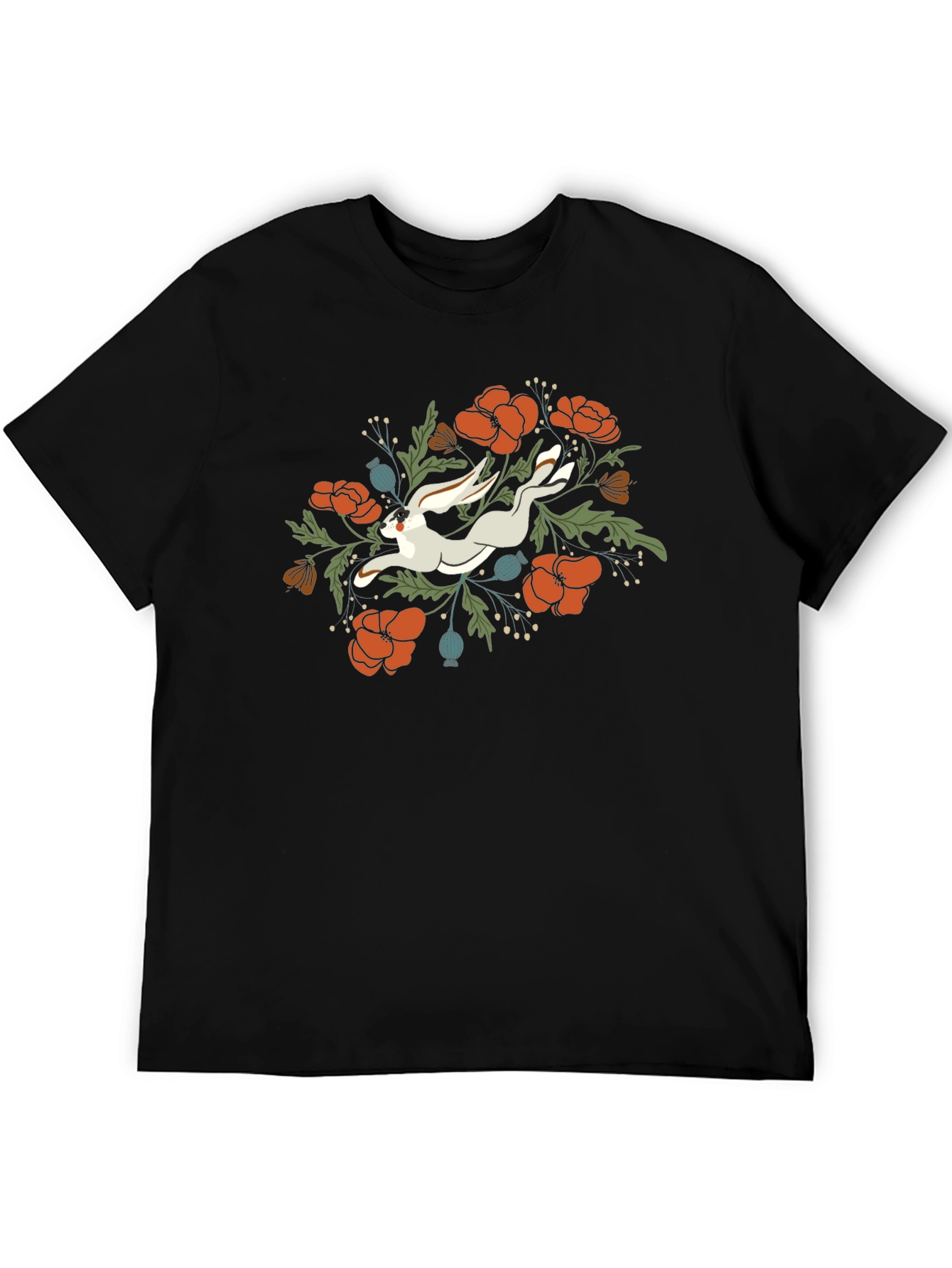 Floral Rabbit Graphic Tee - Unisex Black T-Shirt