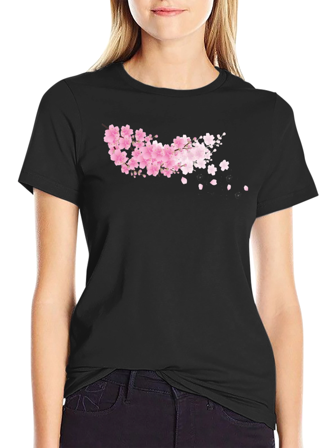 Cherry Blossom Black T-Shirt - Floral Design
