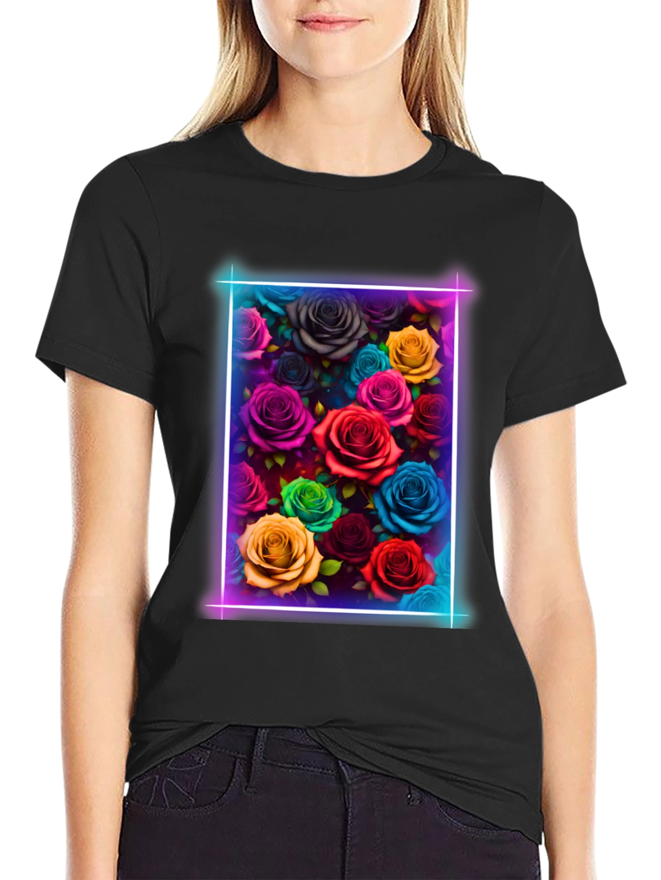Neon Roses Graphic Tee - Vibrant Floral Design
