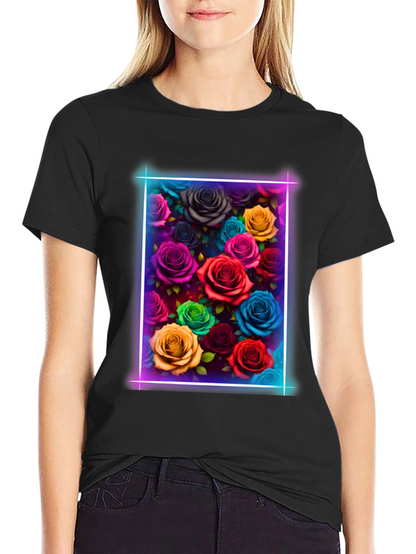 Neon Roses Graphic Tee - Vibrant Floral Design