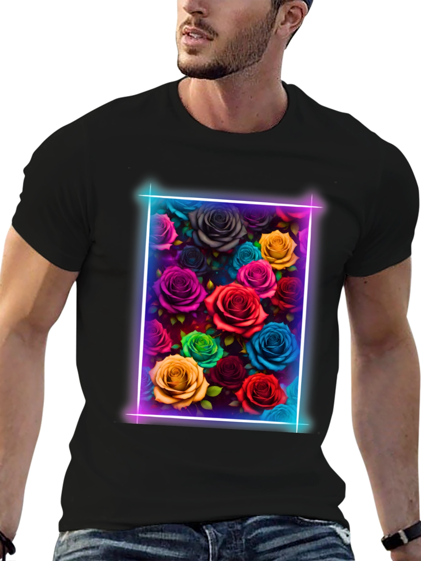 Neon Roses Graphic Tee - Vibrant Floral Design