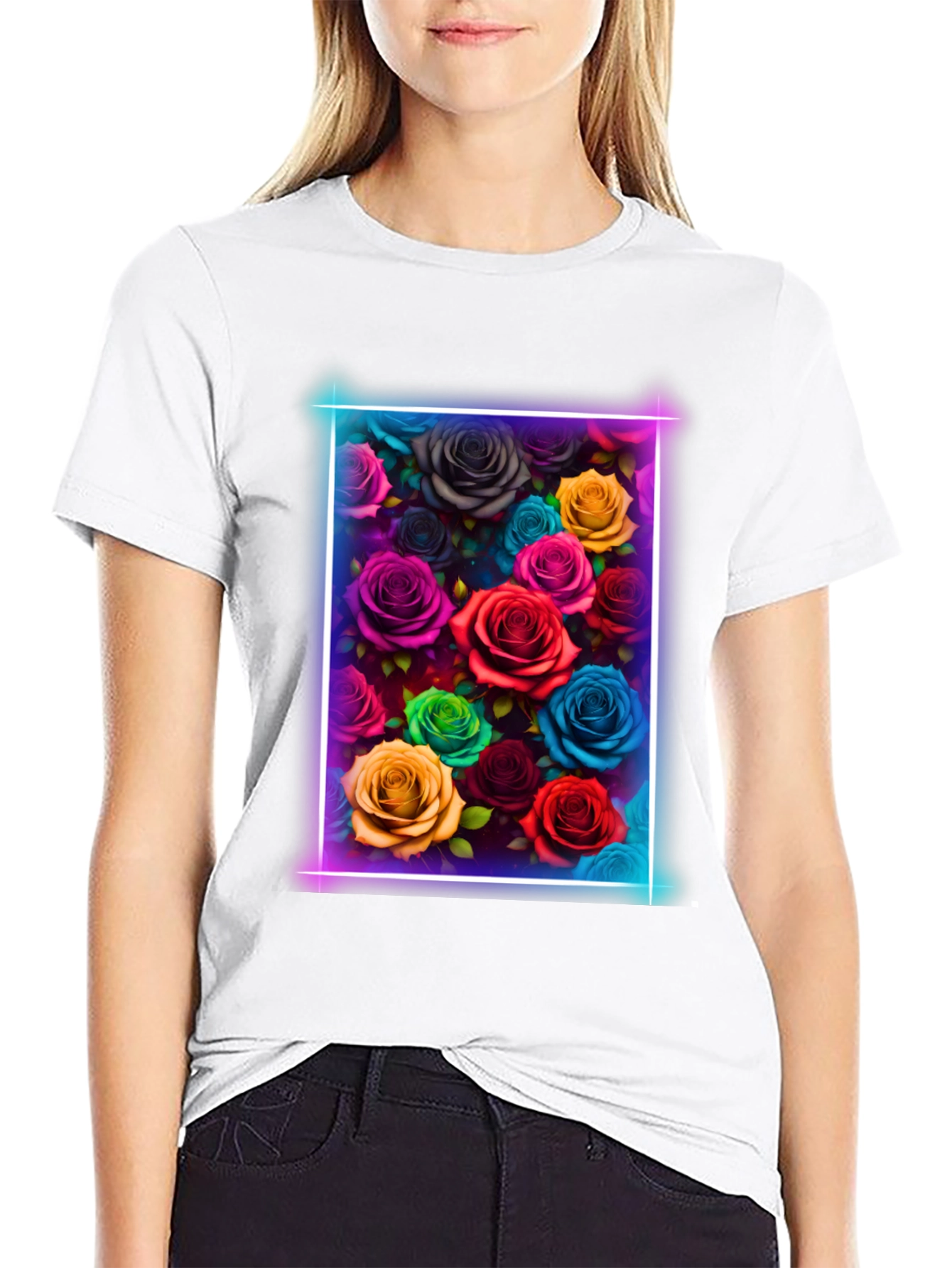 Neon Roses Graphic Tee - Vibrant Floral Design