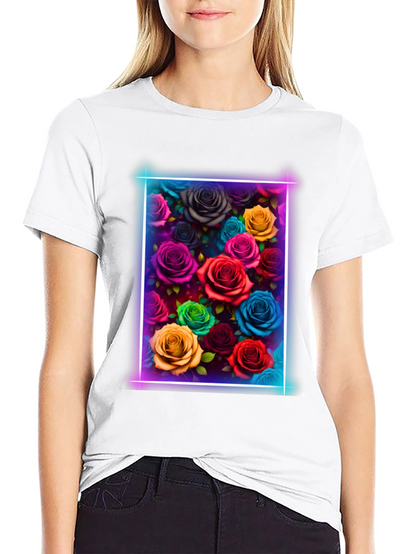 Neon Roses Graphic Tee - Vibrant Floral Design