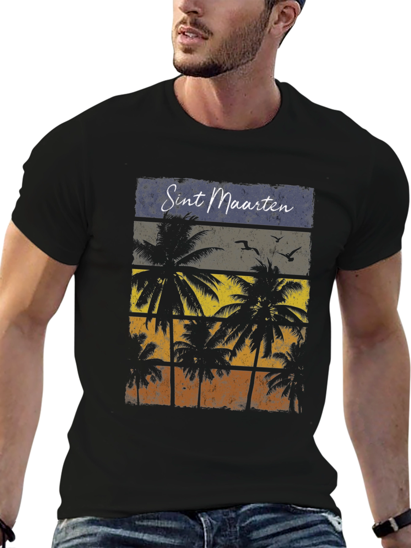 Sint Maarten Palm Tree Black T-Shirt