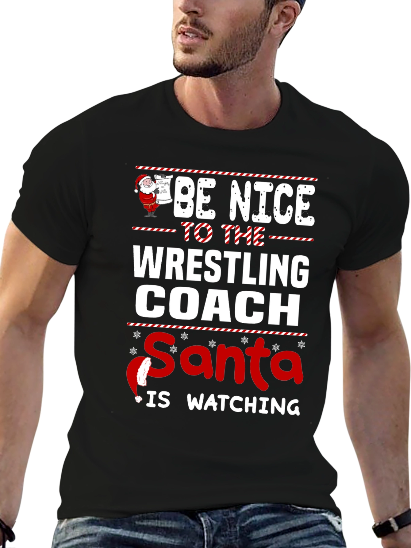 Funny Wrestling Coach Christmas Santa Watching T-Shirt