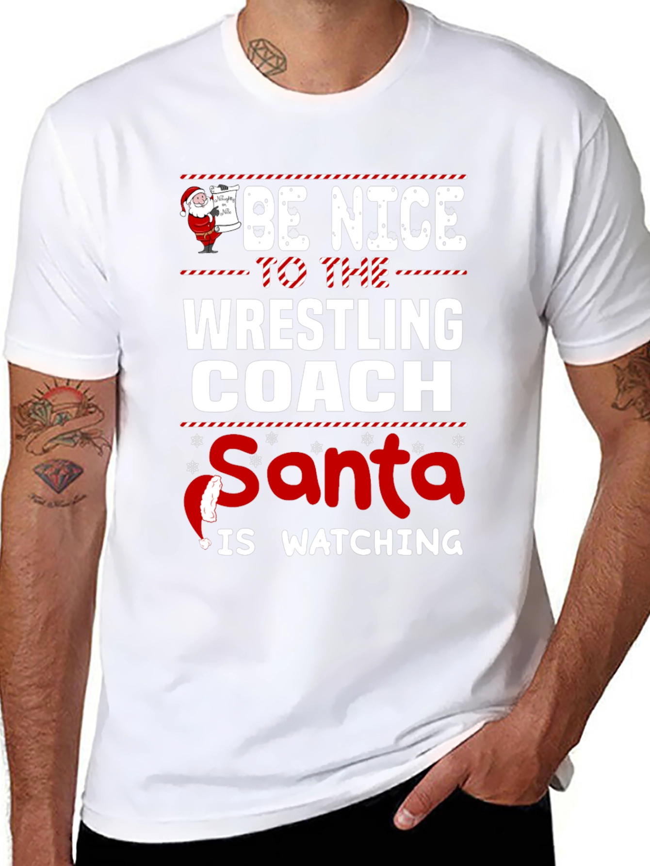 Funny Wrestling Coach Christmas Santa Watching T-Shirt