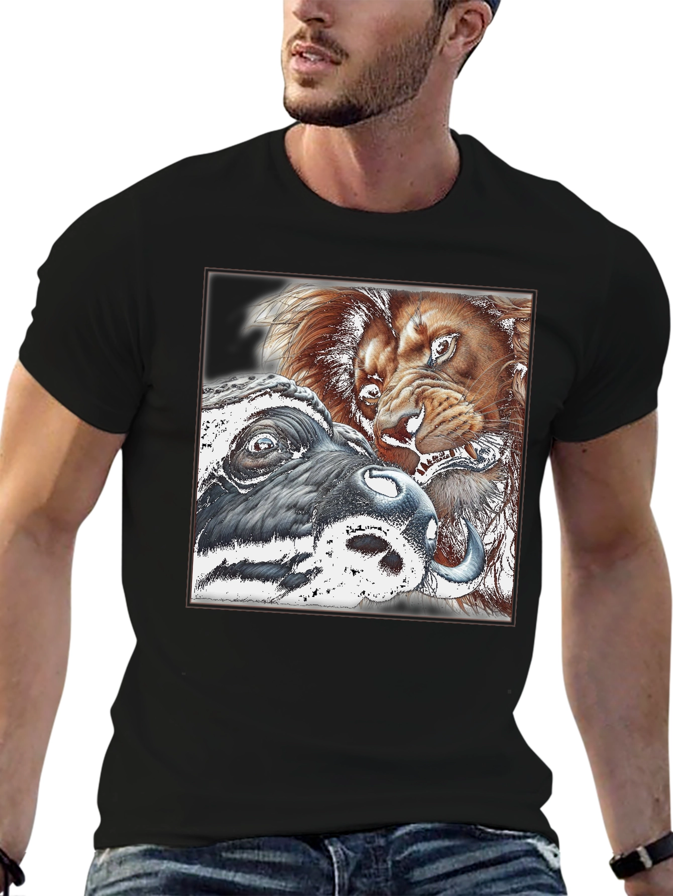 Lion vs Buffalo Graphic Tee - Black