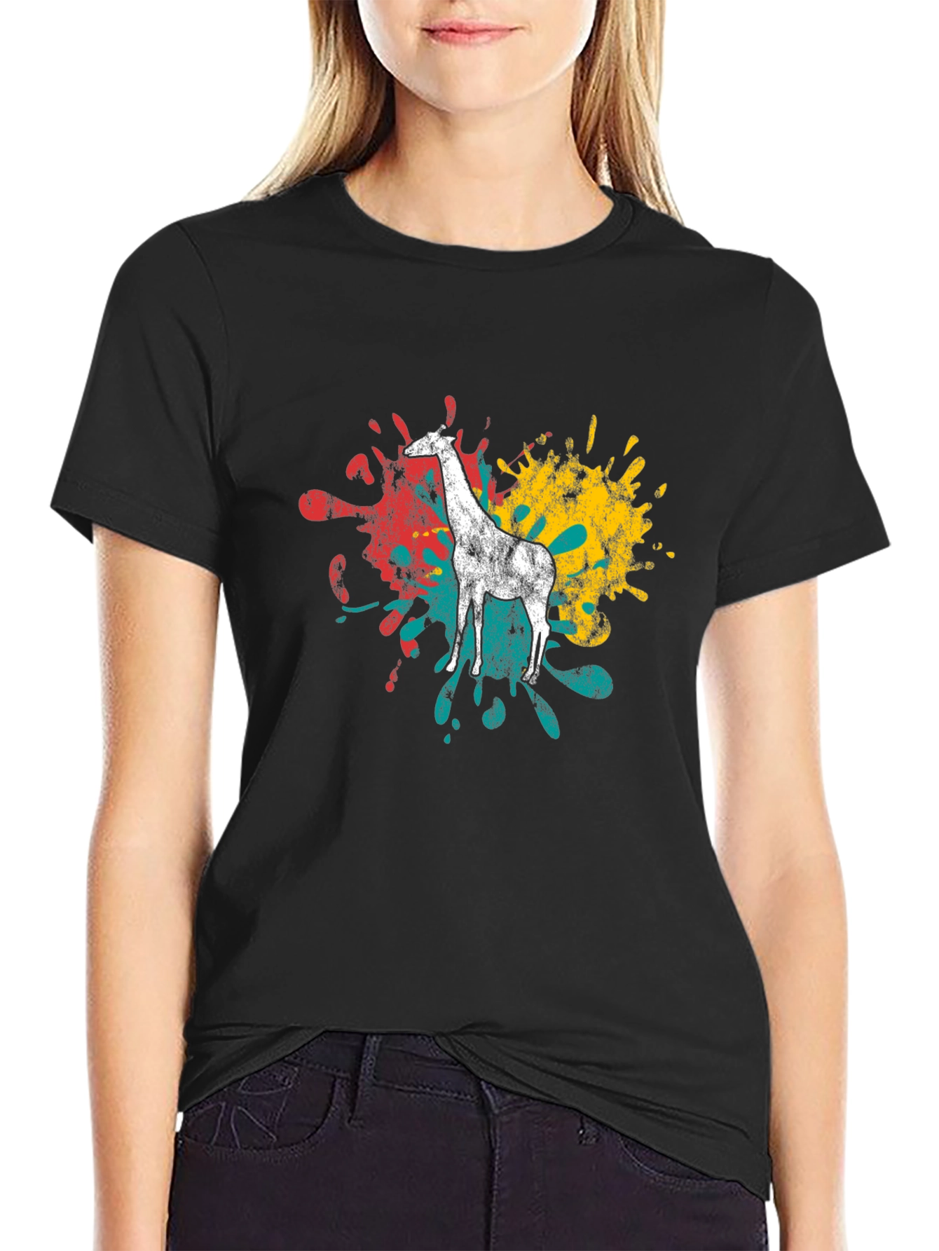 Giraffe Splatter Graphic Black T-Shirt