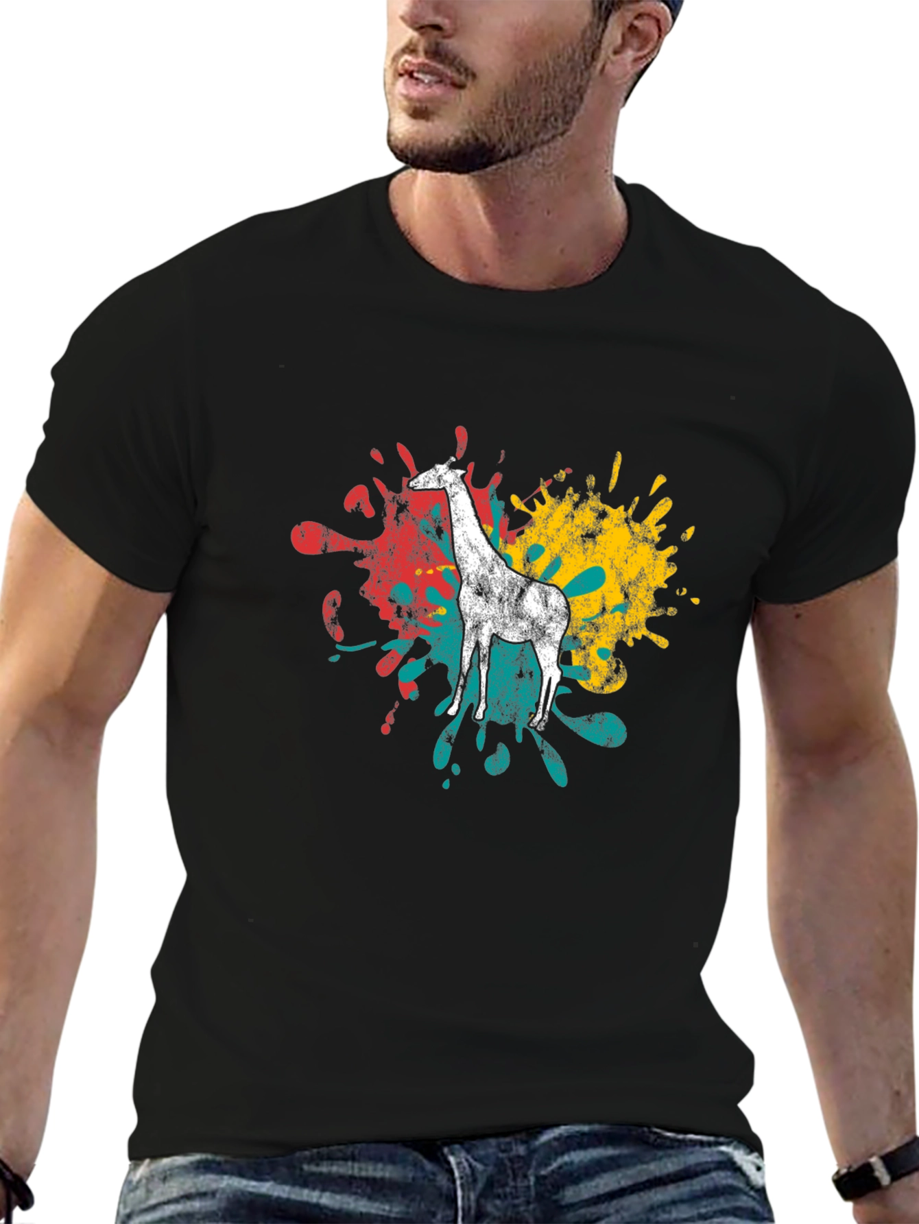 Giraffe Splatter Graphic Black T-Shirt