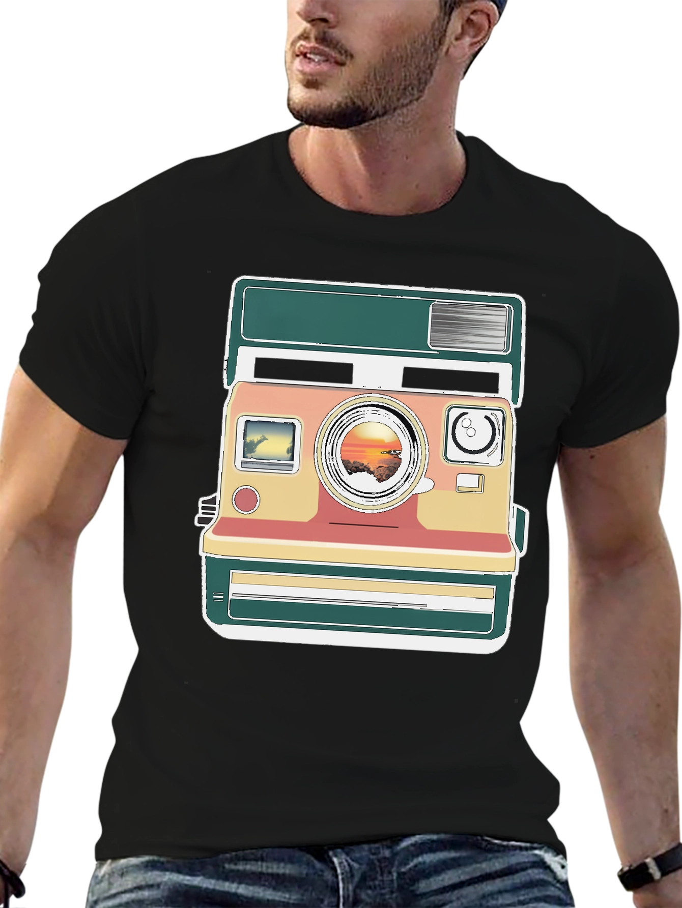 Retro Camera Graphic Tee - Trendy Mens Black T-Shirt