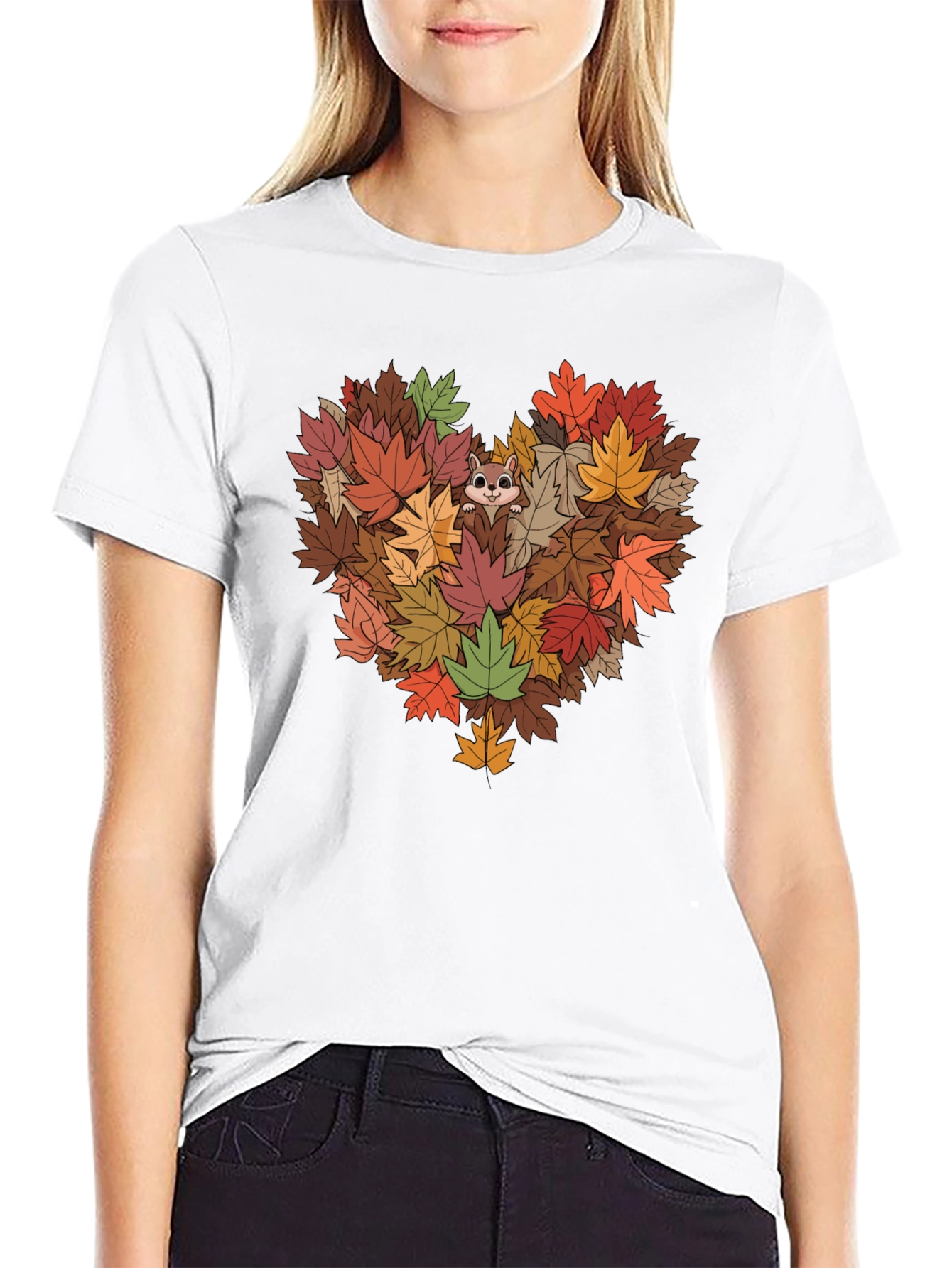 Fall Leaves Heart T-Shirt with Squirrel
