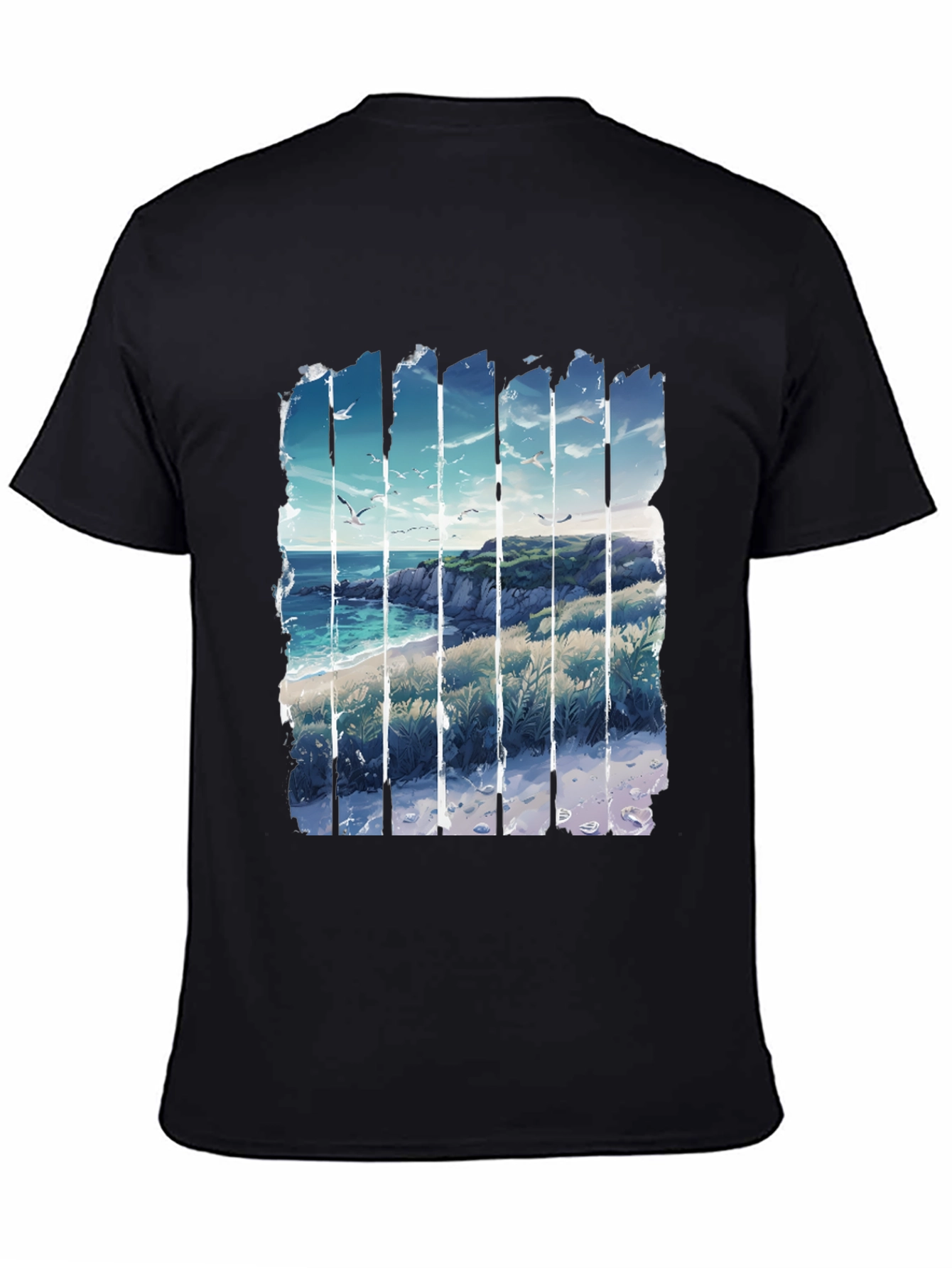 Coastal Vista Graphic Tee - Black Cotton T-Shirt