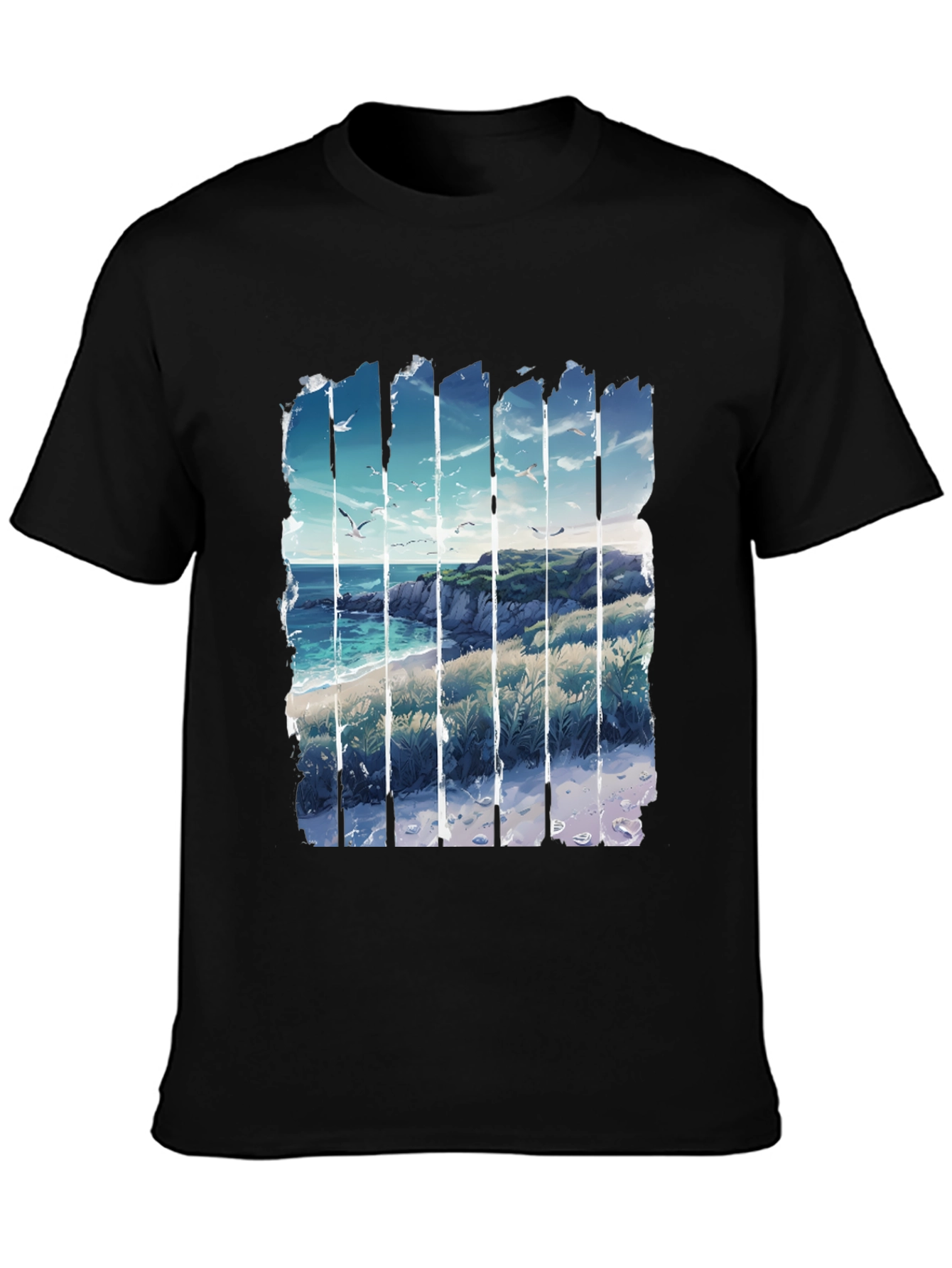 Coastal Vista Graphic Tee - Black Cotton T-Shirt