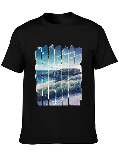 Coastal Vista Graphic Tee - Black Cotton T-Shirt