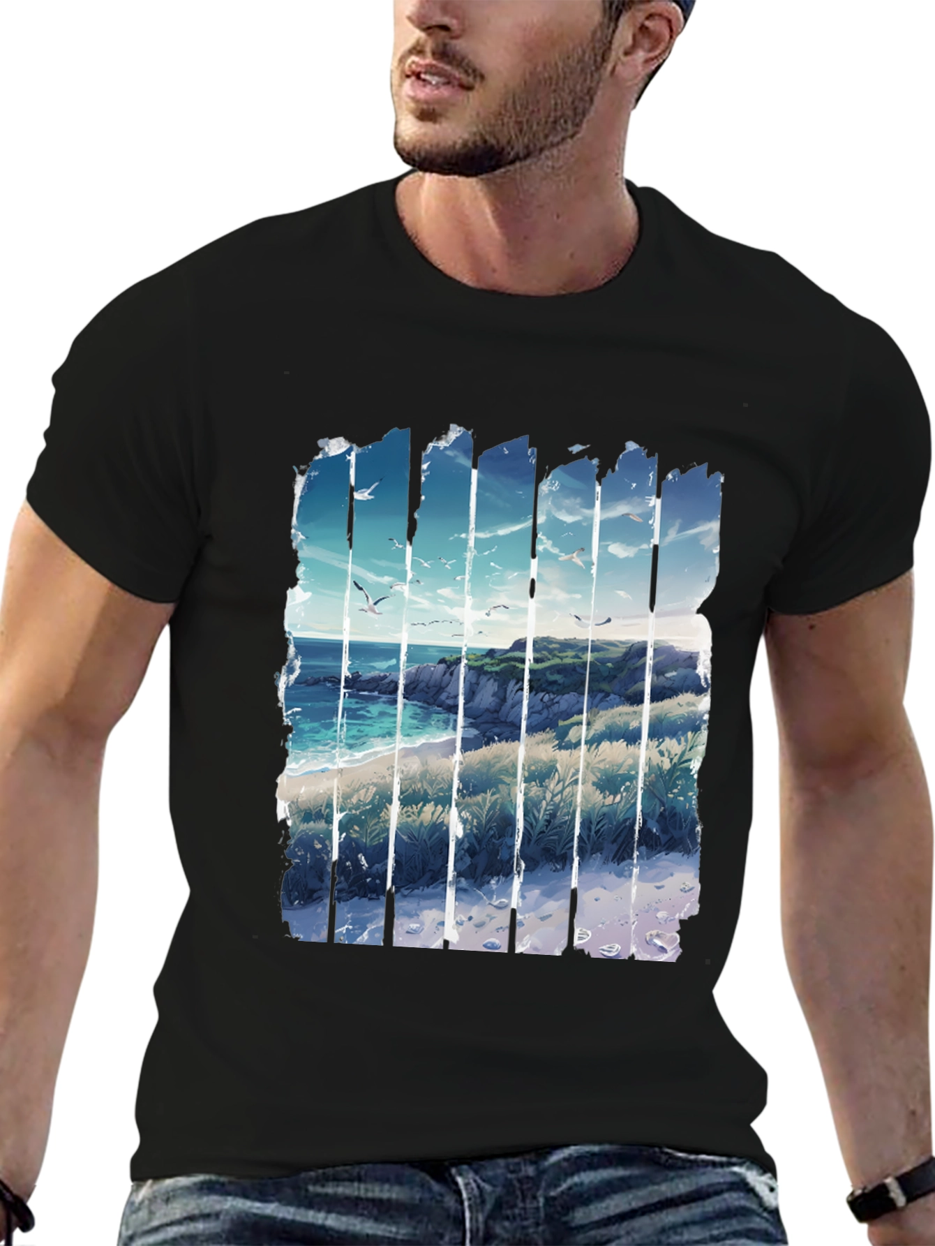 Coastal Vista Graphic Tee - Black Cotton T-Shirt
