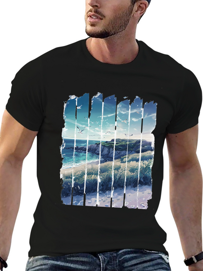Coastal Vista Graphic Tee - Black Cotton T-Shirt
