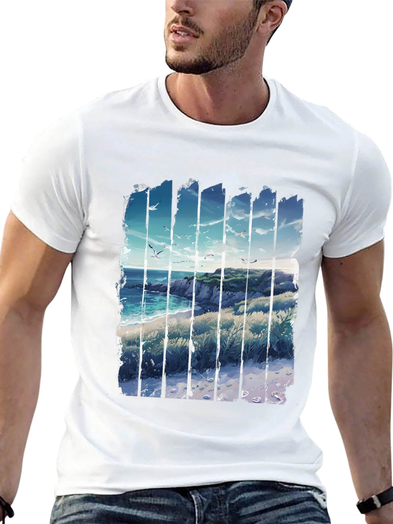 Coastal Vista Graphic Tee - Black Cotton T-Shirt