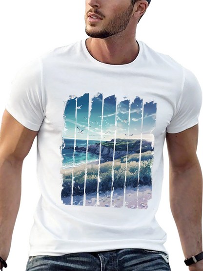 Coastal Vista Graphic Tee - Black Cotton T-Shirt