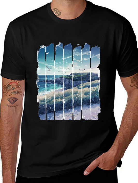 Coastal Vista Graphic Tee - Black Cotton T-Shirt