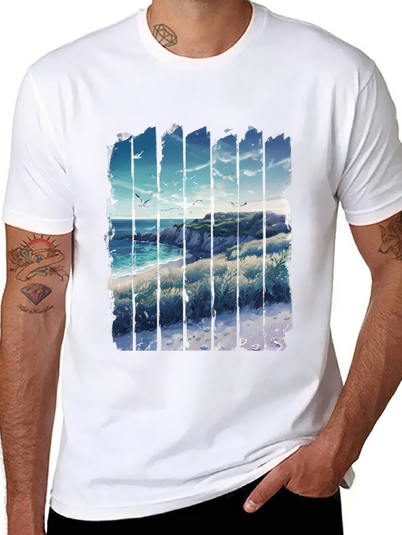Coastal Vista Graphic Tee - Black Cotton T-Shirt