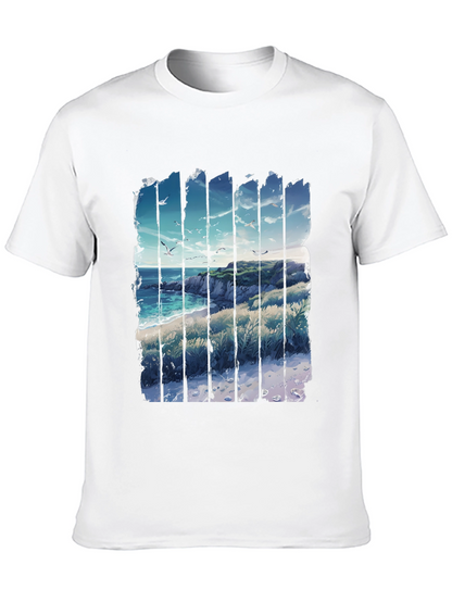 Coastal Vista Graphic Tee - Black Cotton T-Shirt