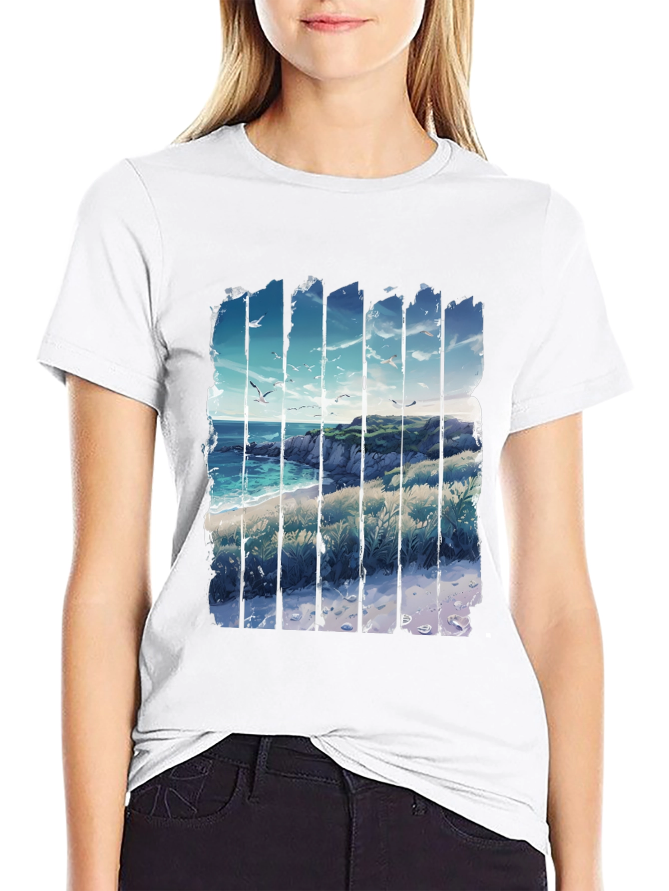 Coastal Vista Graphic Tee - Black Cotton T-Shirt